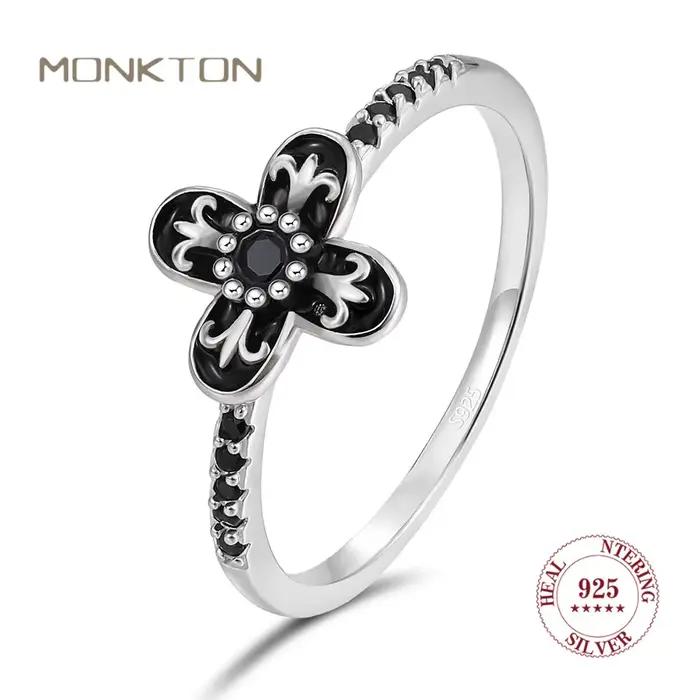 Monkton 100% S925 argent Sterling trèfle noir fleur anneaux pour femmes