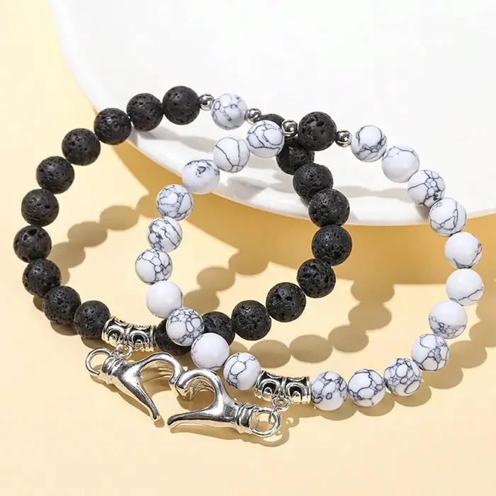 Bracelet de couple magnétique en forme de coeur coloré Cadeau de Saint-Valentin Bijoux de perles rondes en pierre naturelle à la mode pour hommes et...