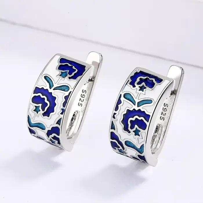 925 argent classique créatif à la main bleu émail boucles d'oreilles pour dames fleur forme boucles