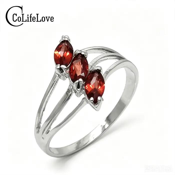 Bague élégante en argent avec pierres précieuses, 3 pièces, 2.5mm x 5mm, bague en grenat naturel avec certificat, bijoux en argent massif 925 avec pierres précieuses en grenat