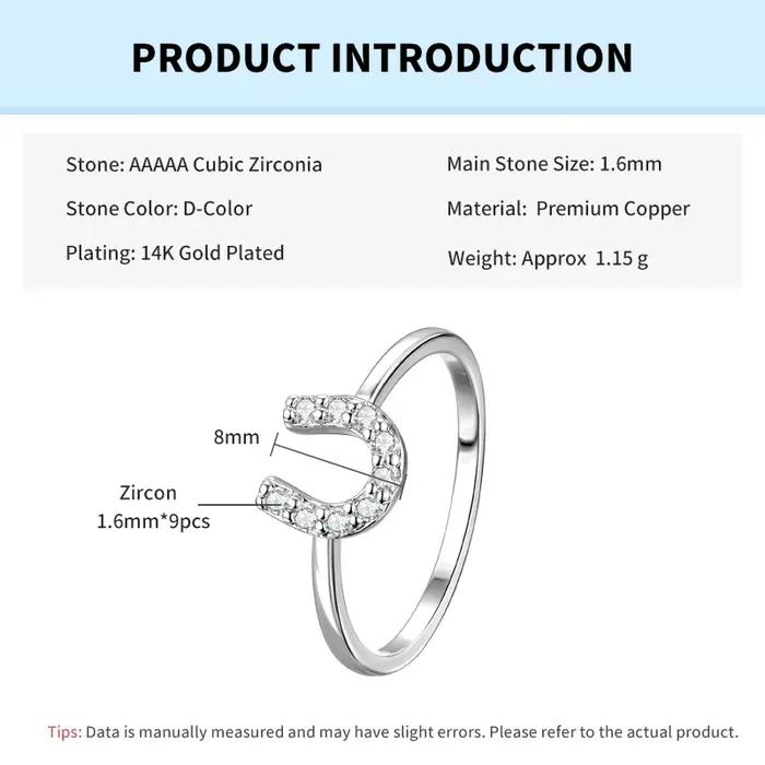 Bague en plaqué or 14 carats sertie de zirconium blanc pour femmes, design en U, occasion spéciale, cadeau d'anniversaire, engagement, mariage