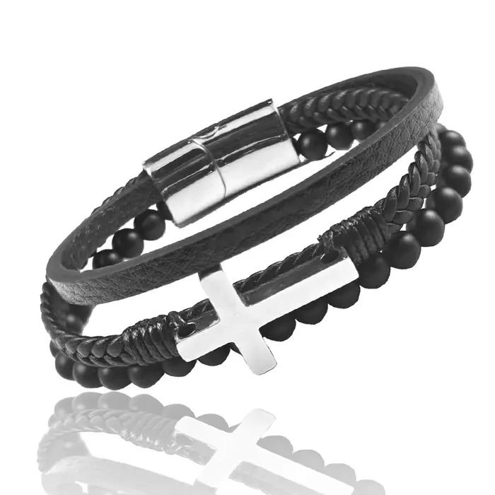 Bracelet croisé en cuir tressé multicouche pour homme