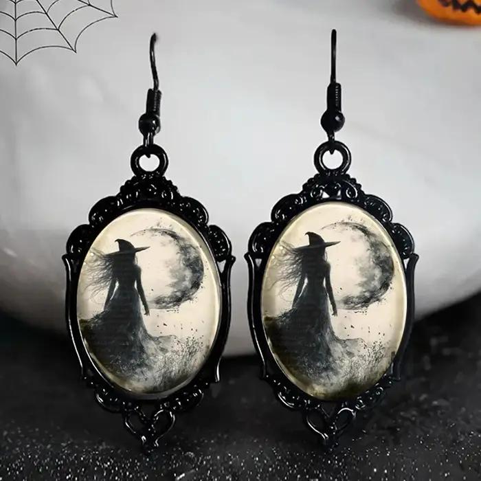 Boucles d'oreilles asymétriques en forme de pissenlit noir pour femmes, bijoux gothiques ovales en verre
