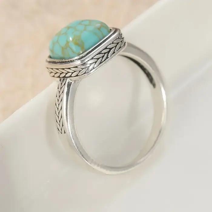Bague ethnique pour femme en argent avec imitation turquoise incrustée