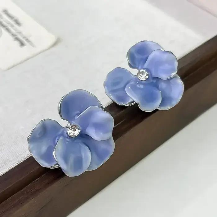 LATS rouge bleu émail fleur boucles d'oreilles pour femmes mode coréenne cinq pétales cristal fleuri belle filles mignonnes décoration d'oreille
