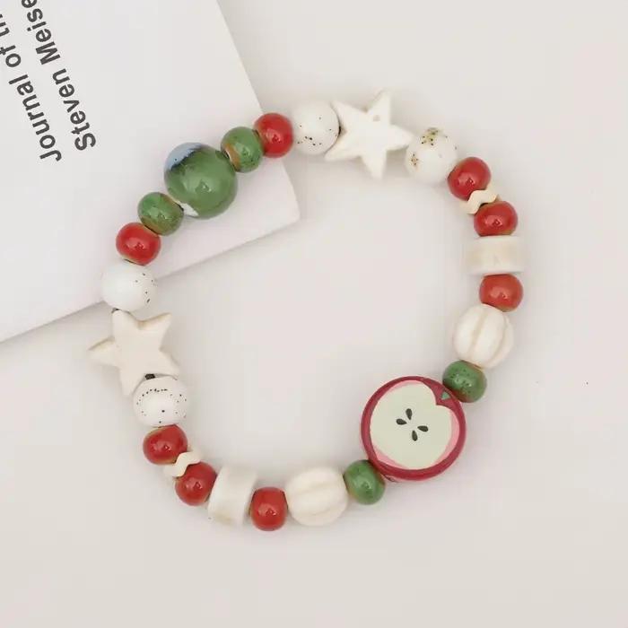 Bracelet de perles de pomme en céramique rouge Dopamine