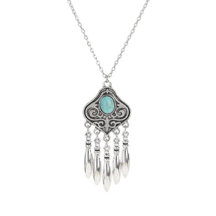 Ensemble de bijoux ethniques indiens pour femme plaqué argent boucles doreilles géométriques collier pampilles turquoises bleues occasions spéciales engagement