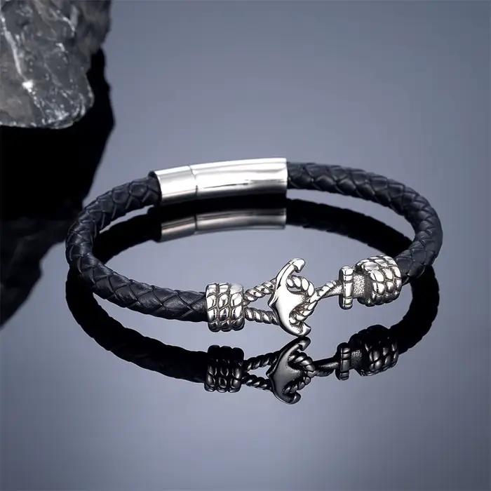 Bracelets d'ancre en cuir tressé noir/rouge/bleu 6mm pour femmes et hommes, bracelet en acier inoxyd