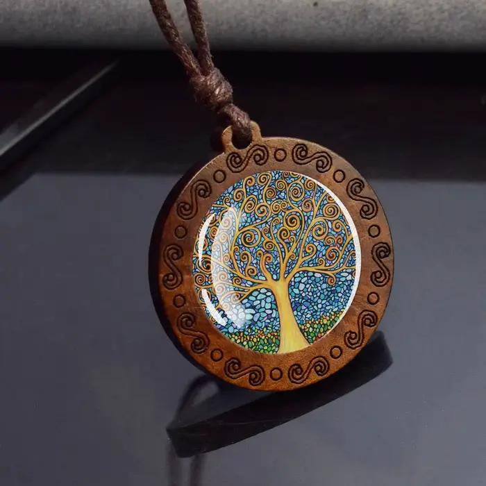 Collier en bois arbre de vie cabochon en verre pendentif ajustable pour femmes et hommes bijou vintage occasionnels