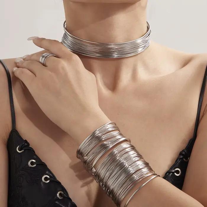 Amaiyllis minimaliste fait à la main enveloppant brossé collier Bracelet anneau exagéré en acier inoxydable ensemble de bijoux pour les femmes