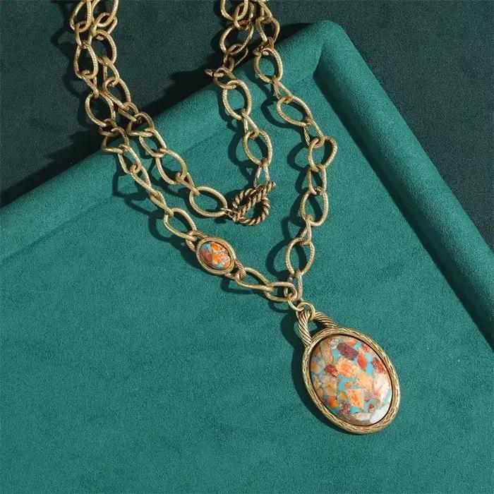 JOJewelry-Ensemble de boucles d'oreilles à clip ovales vintage pour femmes, carte nautique, collier pendentif, luxe, pierre naturelle, grand, 2024