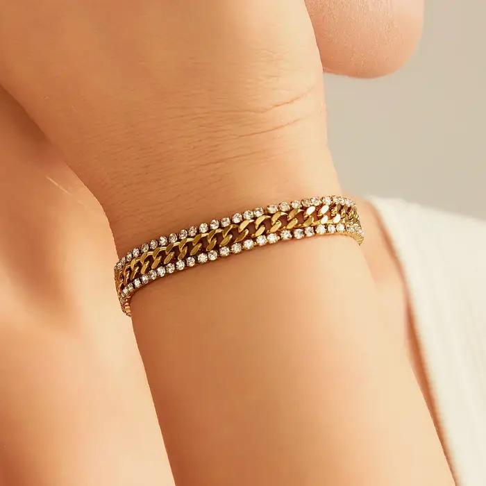 ZAKOL nouveau Bracelet de Tennis en zircone cubique plaqué or 18 carats en acier inoxydable trois couches large