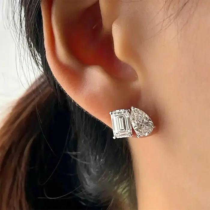FEOBUR Boucles d'oreilles clous en moissanite à deux pierres 4 carats en argent sterling 925