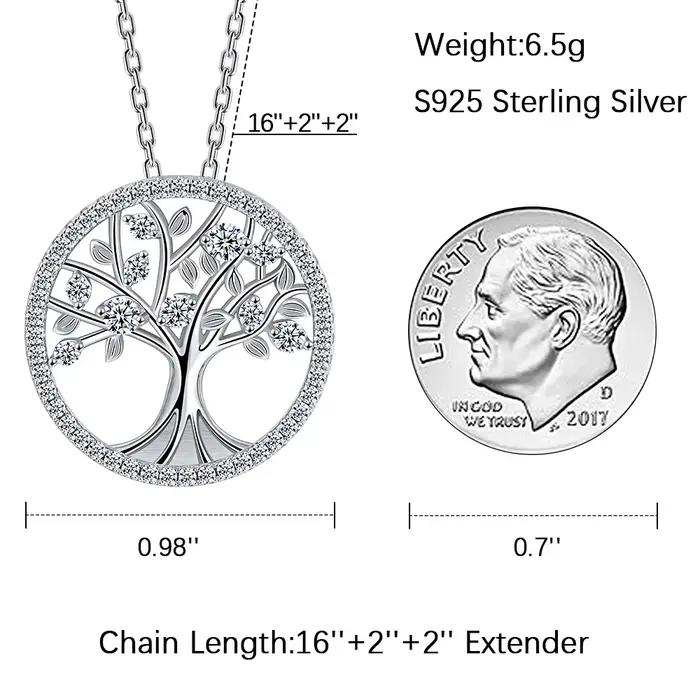 Collier pendentif Arbre de Vie en argent S925 plaqué or avec moissanite, design branches et feuilles