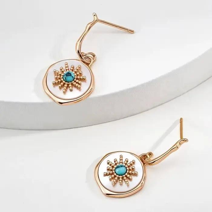 Boucles d'oreilles pendantes rondes en argent S925 avec nacre blanche et turquoise pour femme
