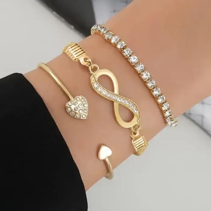 3 pièces/ensemble Vintage cristal strass coeur Bracelets pour femme mode géométrique réglable infini manchette bracelet bijoux cadeaux