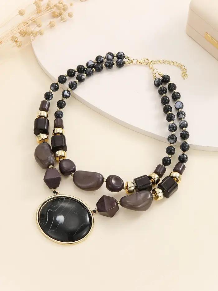 Collier multi-rangs en résine acrylique pour femmes, perles, ambre, noir, pendentif en métal, luxe l