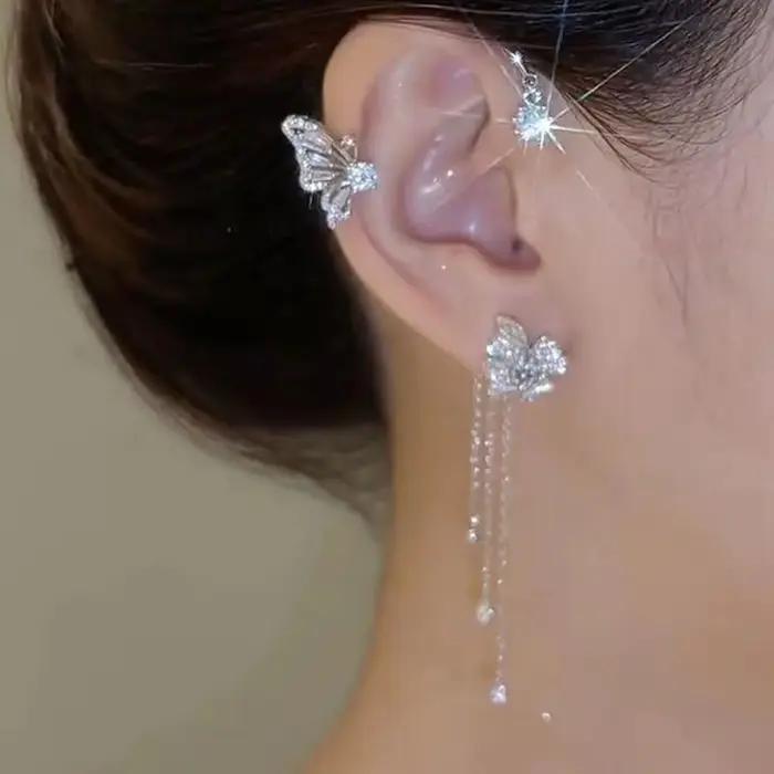 Boucles d'oreilles pendantes papillon à pampilles pour femme