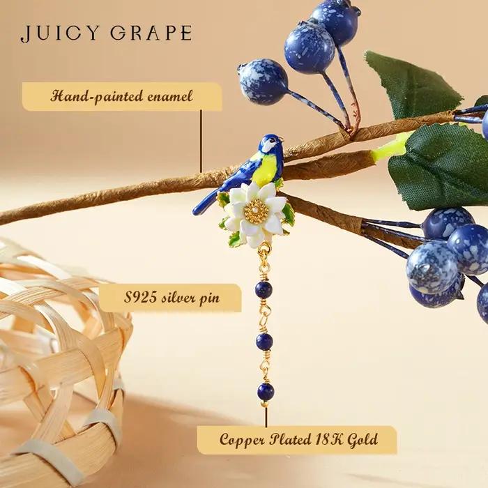 Boucles d'oreilles pompon oiseau bleu fleur blanche