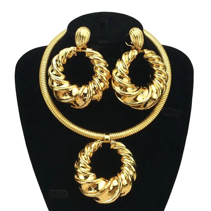 Ensemble de bijoux en or Dubai pour femmes, collier et boucle d'oreille, pendentif tendance, fête de mariage, cadeau de qualité pour patients, FHK16778