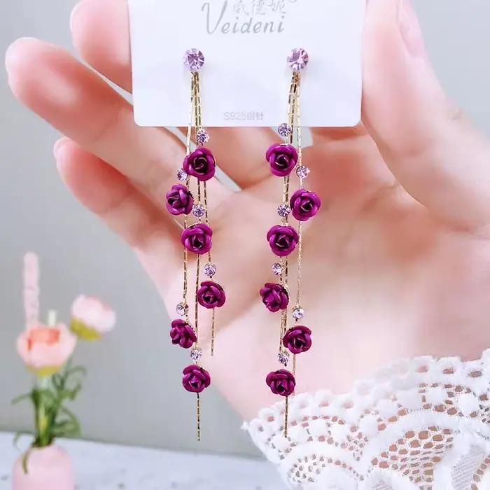 Boucles d'oreilles longues à pampilles en forme de fleur de Rose pour femmes, élégantes, brillantes, colorées, strass, pendantes, bijoux de fiançailles, de fête de mariage