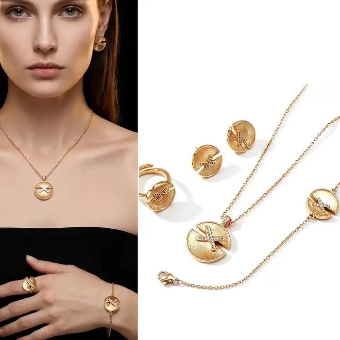 Ensemble de bijoux de luxe 4 pièces avec croix en CZ - Collier
