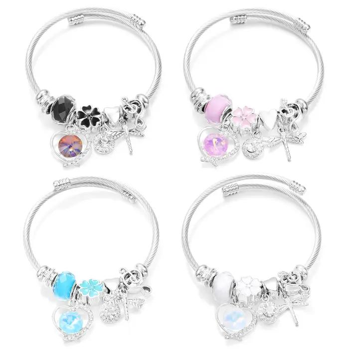 Nouveau strass à la mode libellule cristal perlé pendentif Bracelet en acier inoxydable 4 couleurs fermeture bracelets
