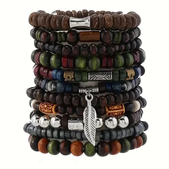 Bracelets vintage bohèmes pour hommes feuilles motifs tracker humeur bois naturel cadeaux occasions spéciales