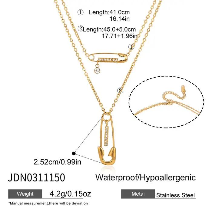 Collier pendentif épingle de sûreté plaqué or 18 carats avec zircon et double chaîne en acier inoxyd
