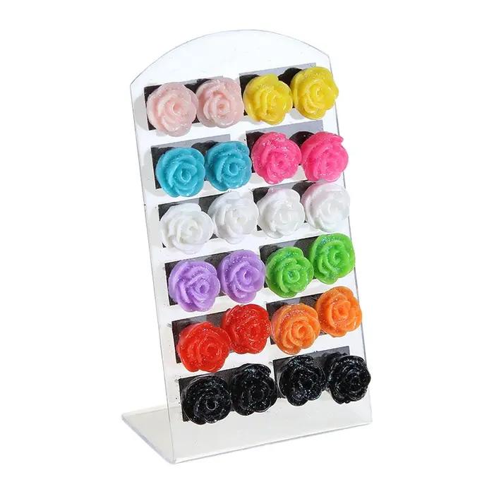 Boucles d'oreilles multicolores en résine de fleur de Rose, 12 paires, haute qualité, tendance, pour