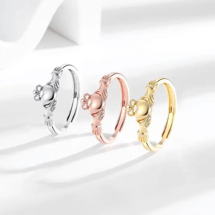 Bague ouverte Claddagh réglable en 3 couleurs