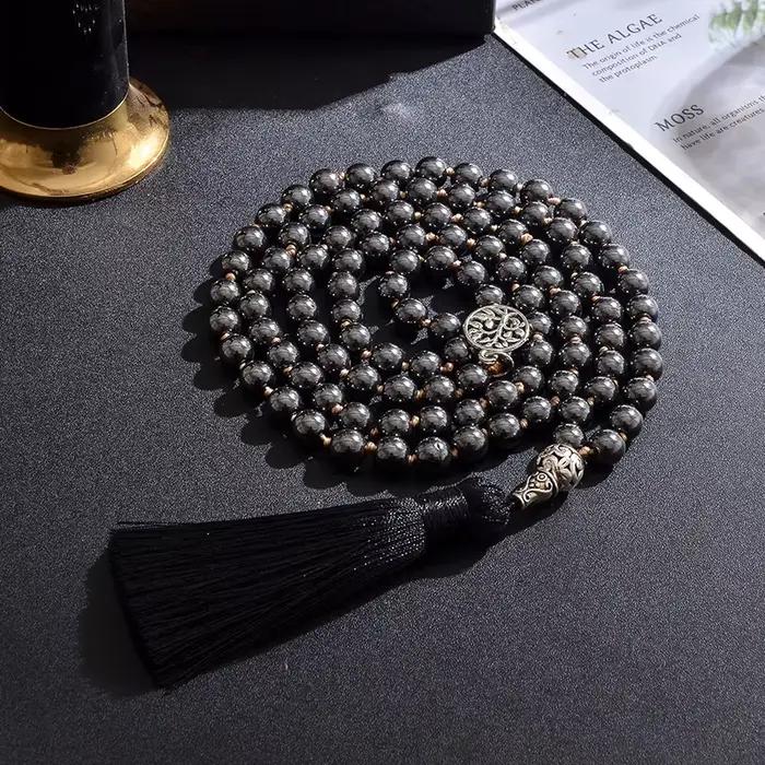 Collier noué en hématite noire de 8 mm, 108 perles, Mala de méditation, bijoux de bénédiction pour le yoga, pour hommes et femmes, Japamala, chapelet