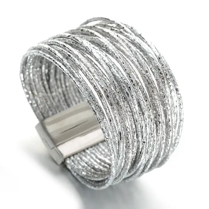 Amorcome Simple couleur mixte brillant Bracelets en cuir pour Femme mode Boho bandes multicouches large Bracelet