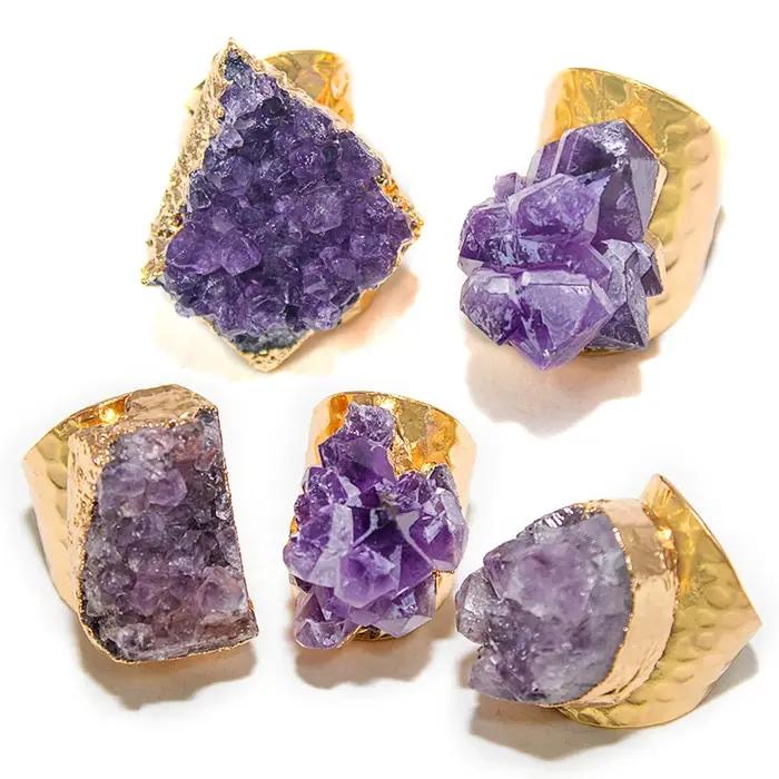 Bague en pierre d'yst brute irrégulière pour femme, bijoux de doigt ouvert, grappe de cristaux viole