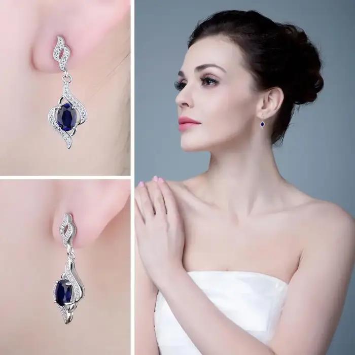 Créé saphir bleu 925 boucles d'oreilles en argent Sterling pour les femmes bijoux fins