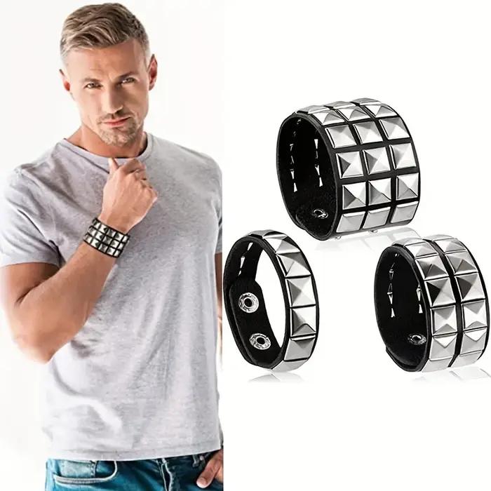 Bracelet à ongles rivets style punk en cuir avec finition or plaqué rhodium pour homme occasions spéciales noël saint valentin anniversaire