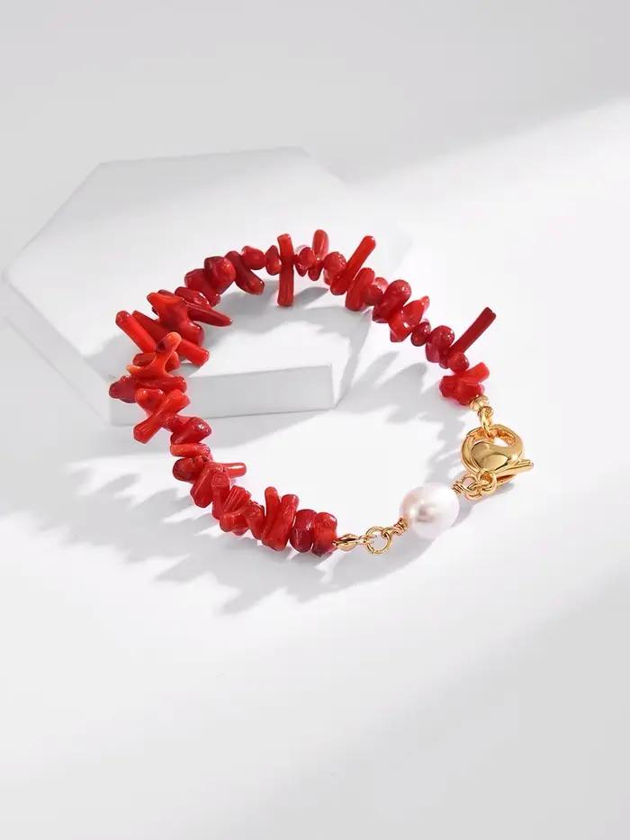 Collier européen et américain unique, perle d'eau douce, baroque, rouge, corail, bambou, tempérament court