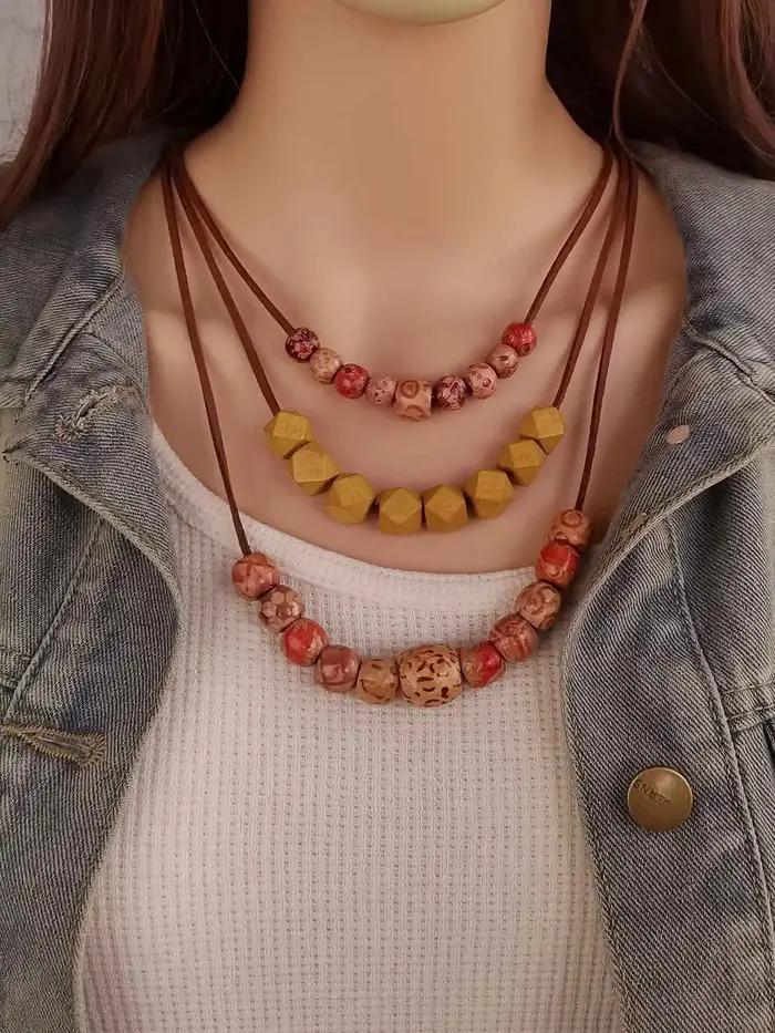 Collier de perles en bois naturel multicouche pour femmes