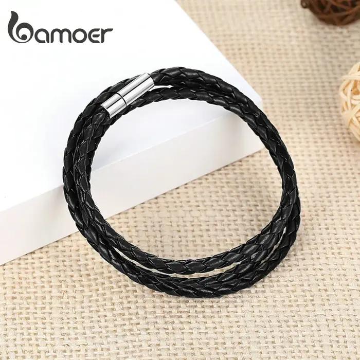 BAMOER Bracelet en cuir PU multicouche tressé longue chaîne boucle magnétique réglable unisexe pour femmes et hommes bijoux empilables
