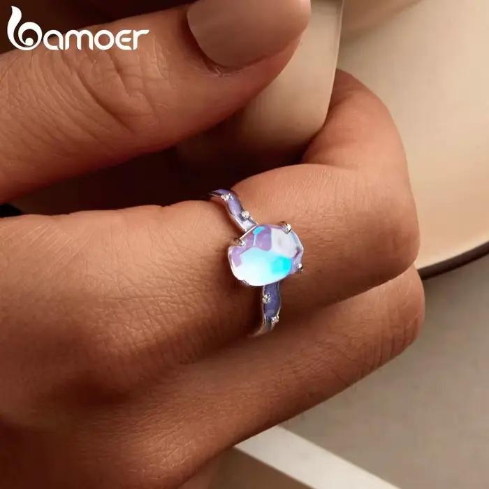Bamoer solide 925 en argent Sterling violet pierre Aurora bague vague bande anneau pour les femmes fête bijoux fins cadeau