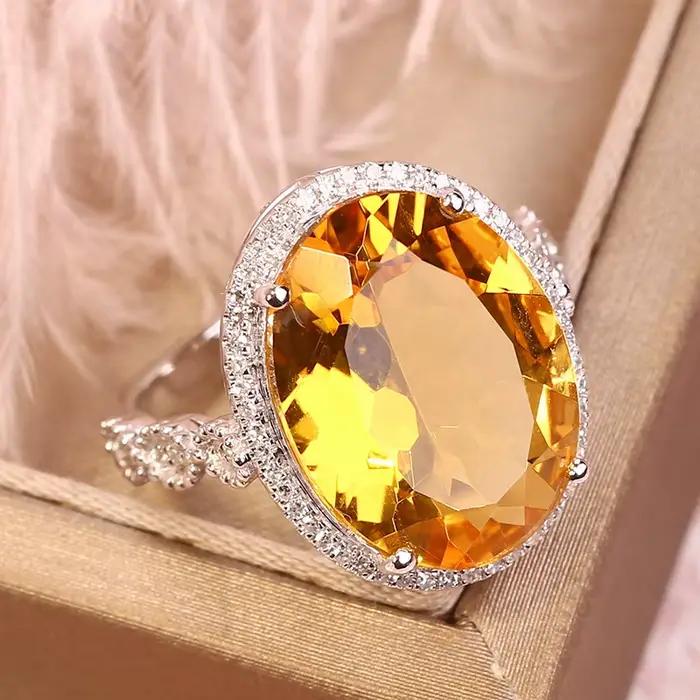 Bague réglable en Citrine jaune naturelle véritable, 16x12mm, argent 925, perle transparente pour fe