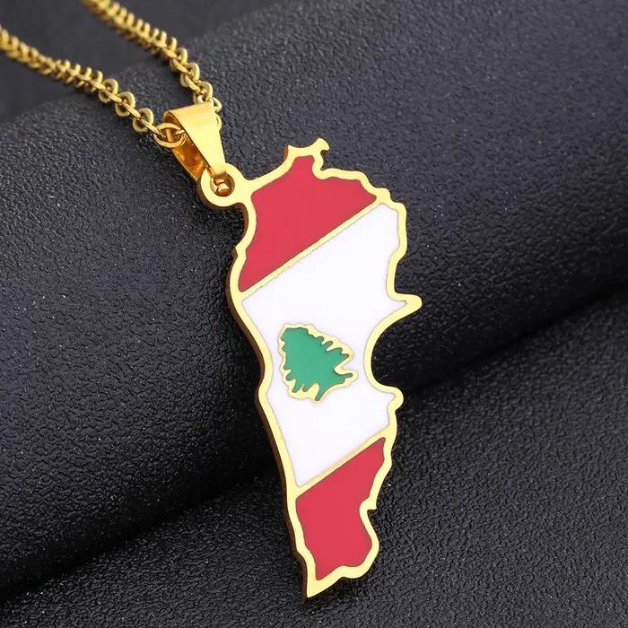 Collier pendentif en acier inoxydable avec carte du Liban et drapeau