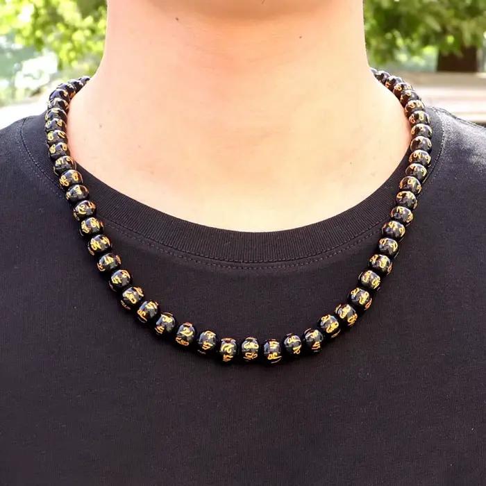 Collier minimaliste en œil de tigre pour hommes et femmes, grandes perles de 10mm, Long de 22 pouces, hip hop Rock, Onyx noir, obsidienne, perles