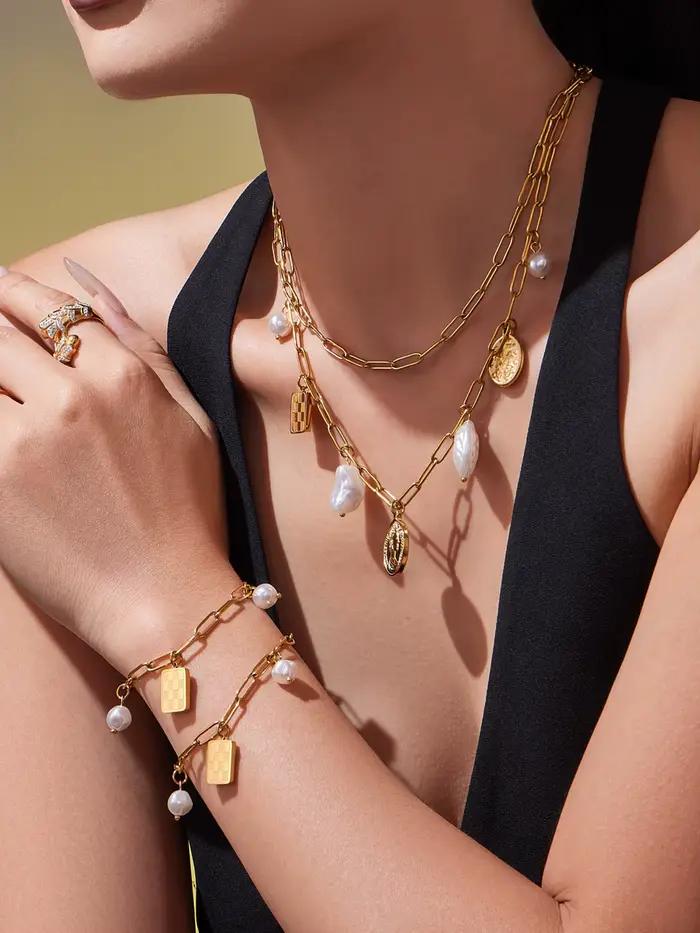 Liora Style coréen Imitation perle pendentif breloques colliers Bracelets pour Femme chaîne en acier inoxydable