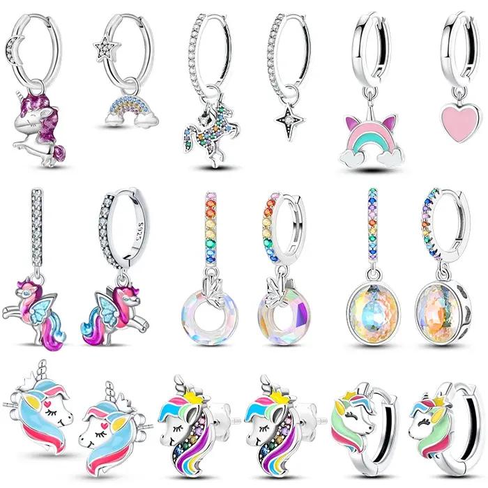 Boucles d'oreilles licorne arc-en-ciel en argent 925 pour femmes, pierres précieuses scintillantes, bijoux romantiques et mignons, occasions spéciales, anniversaires, fiançailles
