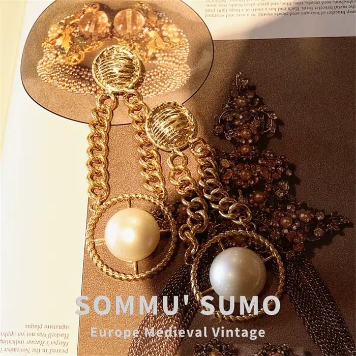 Clips d'oreilles antiques vintage avec franges en strass et longues boucles d'oreilles pendantes, alliage brossé, grandes boucles d'oreilles rondes rétro
