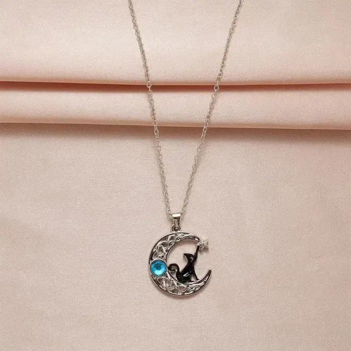 Collier pendentif lune chat noir vintage mignon pour femmes et adolescentes
