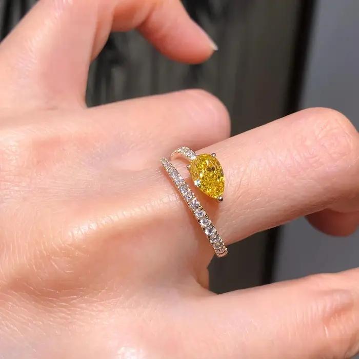 Bague en zircon jaune brillant forme goutte d'eau ajustable haute qualité pour femmes occasions engagement quotidien