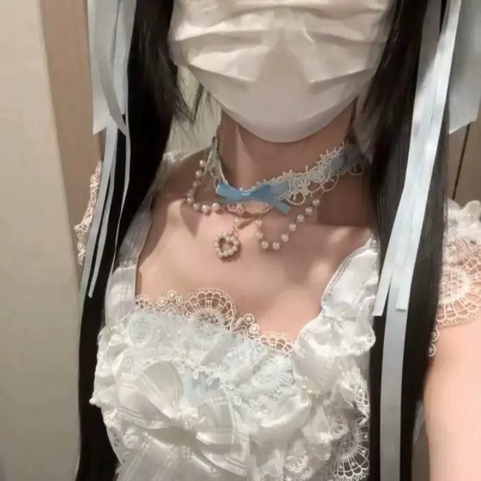 Collier en dentelle style Sweet Lolita avec nœud et perles, accessoires mignons réglables, cadeaux pour femmes, pour se déguiser en soirée
