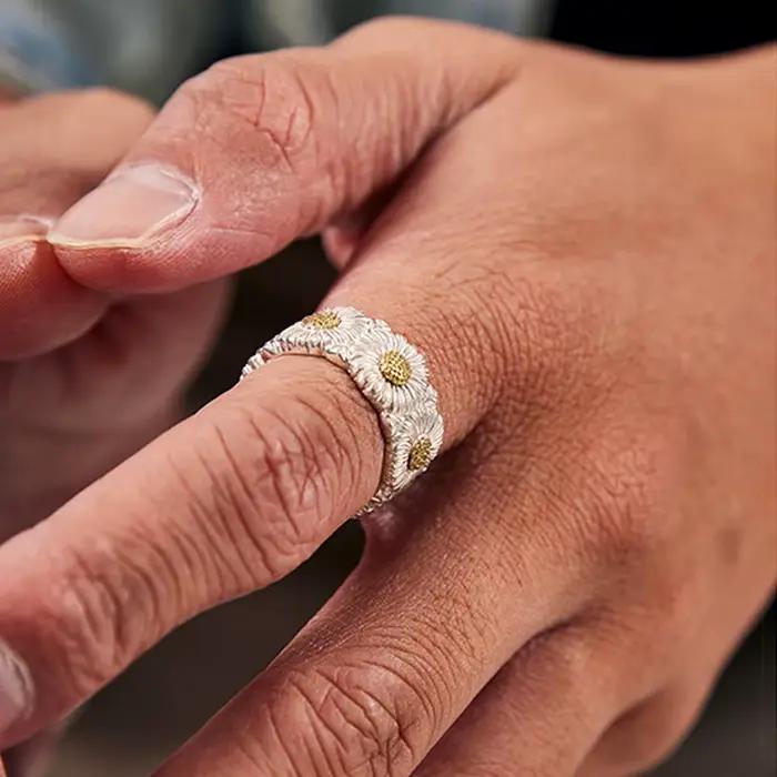 Bague ouverte réglable en forme de marguerite rétro pour hommes et femmes